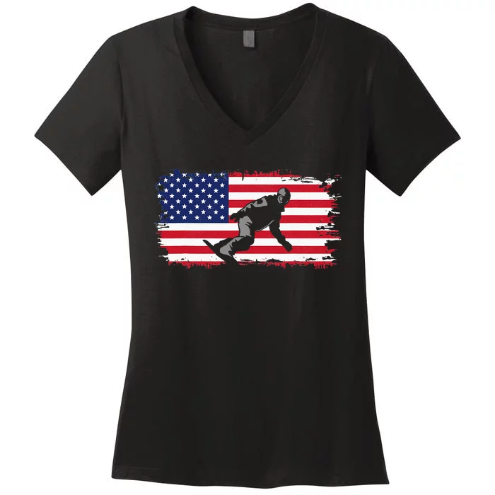 American Flag Snowboard Snowboarding Snowboard Women's V-Neck T-Shirt