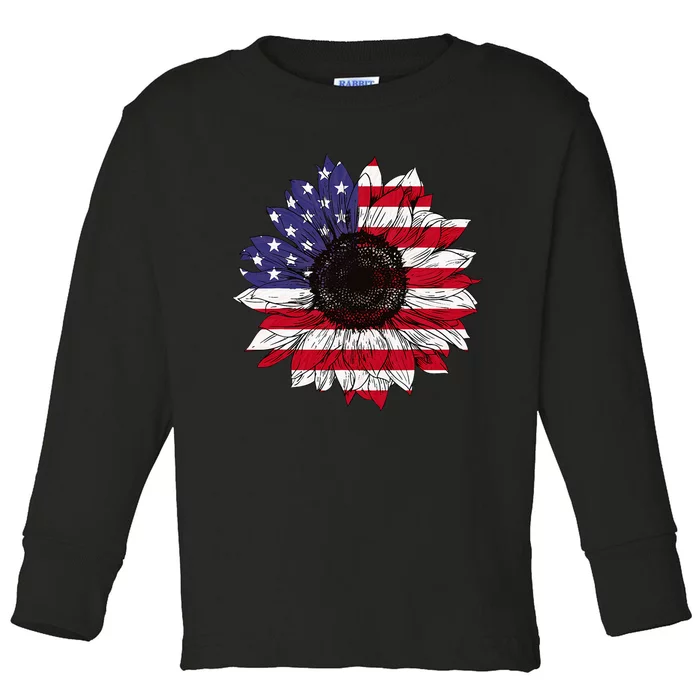 American Flag Sunflower Graphic 4th of July Plus Size Toddler Long Sleeve Shirt