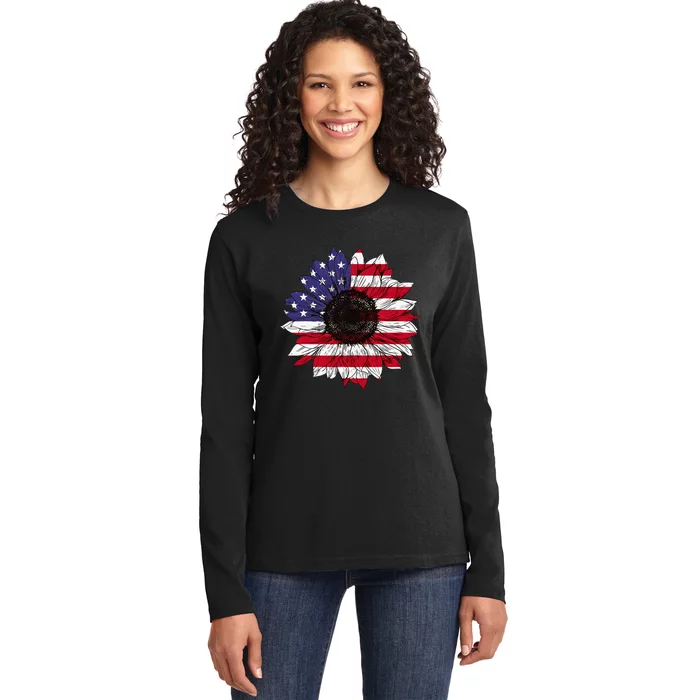 American Flag Sunflower Graphic 4th of July Plus Size Ladies Long Sleeve Shirt