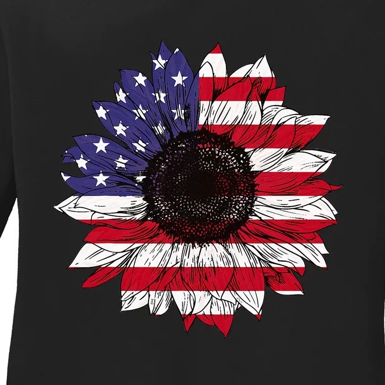 American Flag Sunflower Graphic 4th of July Plus Size Ladies Long Sleeve Shirt