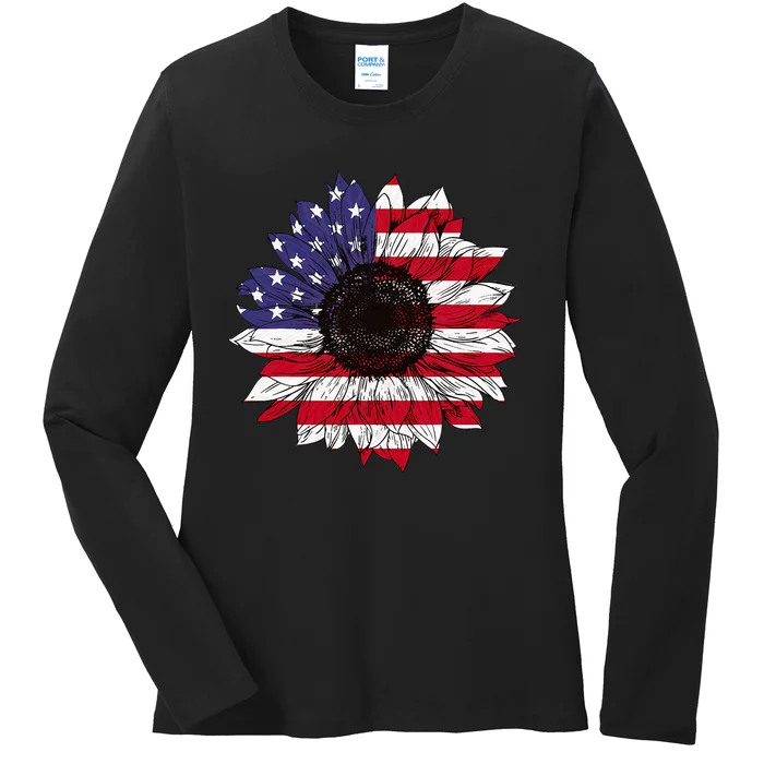 American Flag Sunflower Graphic 4th of July Plus Size Ladies Long Sleeve Shirt