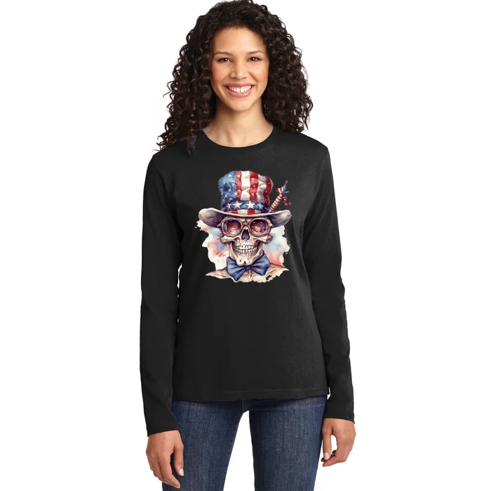 America Flag Skull USA Patriotic 4th July Skeleton Ladies Long Sleeve Shirt