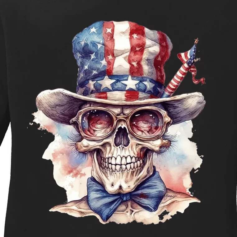 America Flag Skull USA Patriotic 4th July Skeleton Ladies Long Sleeve Shirt