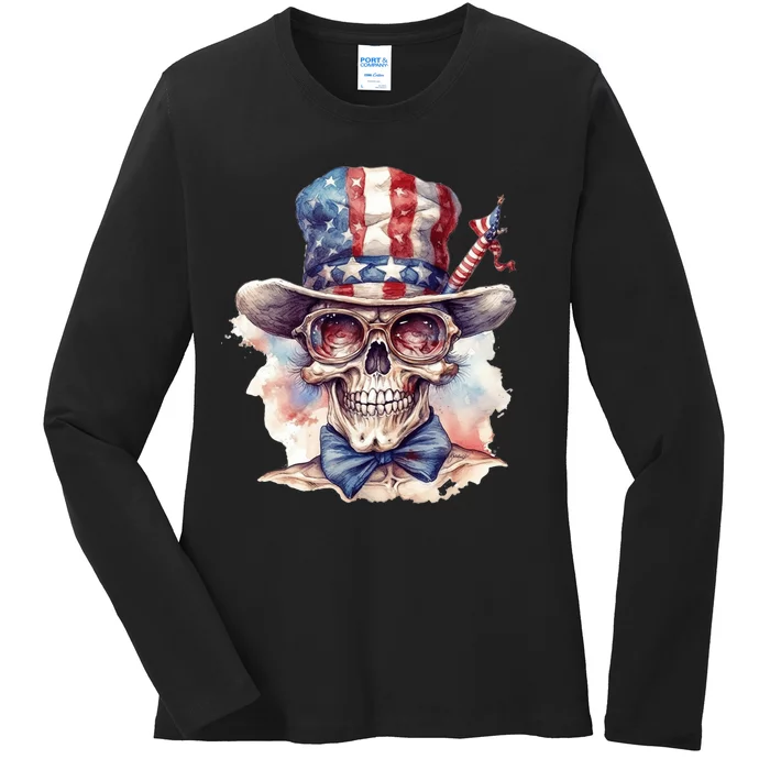 America Flag Skull USA Patriotic 4th July Skeleton Ladies Long Sleeve Shirt