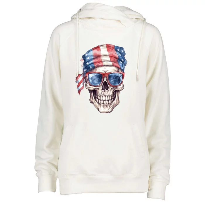 America Flag Skull Sunglasses USA Patriotic 4th July Skeleton Womens Funnel Neck Pullover Hood