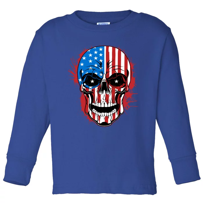 American Flag Skull 4th Of July Skeleton Patriotic Gift Toddler Long Sleeve Shirt