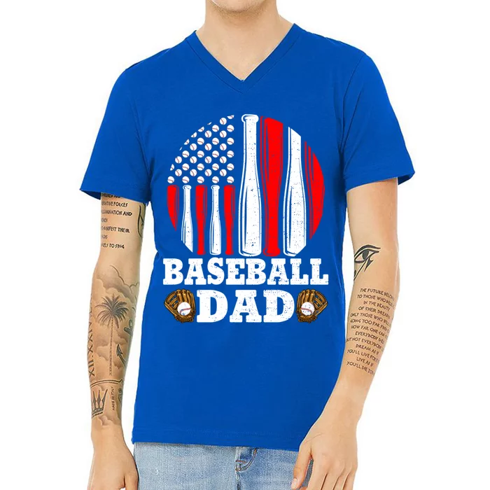 American Flag Softball Baseball Dad Ball Fathers Day Funny Gift V-Neck T-Shirt