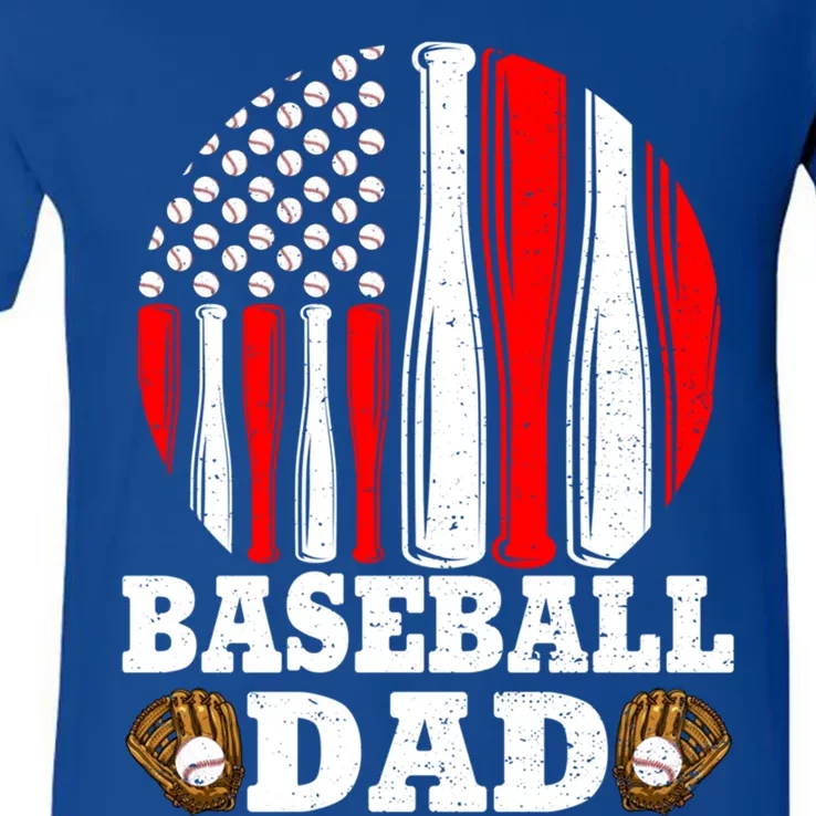 American Flag Softball Baseball Dad Ball Fathers Day Funny Gift V-Neck T-Shirt