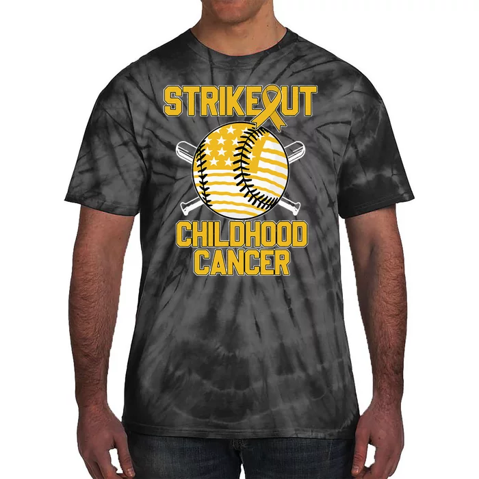 American Flag Strikeout Childhood Cancer Baseball Tie-Dye T-Shirt