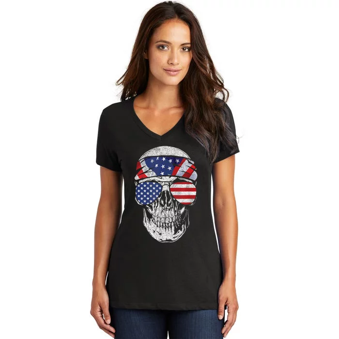 American Flag Skull July 4th Women's V-Neck T-Shirt