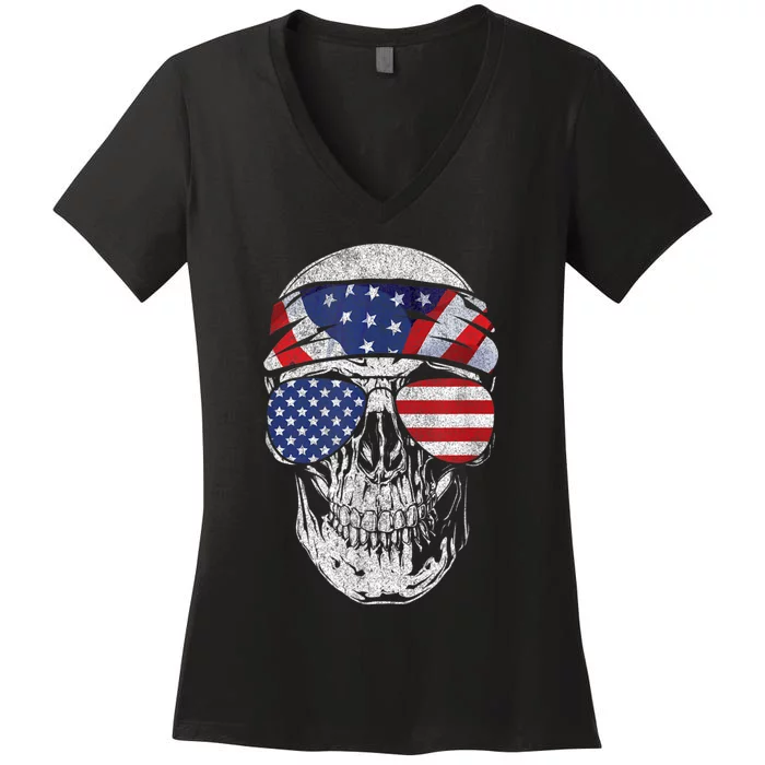 American Flag Skull July 4th Women's V-Neck T-Shirt