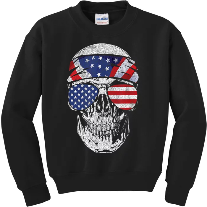 American Flag Skull July 4th Kids Sweatshirt