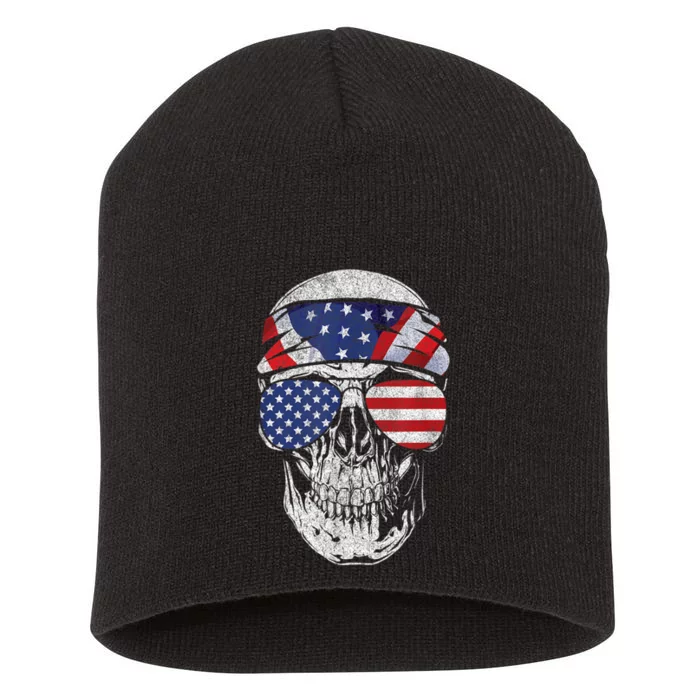 American Flag Skull July 4th Short Acrylic Beanie