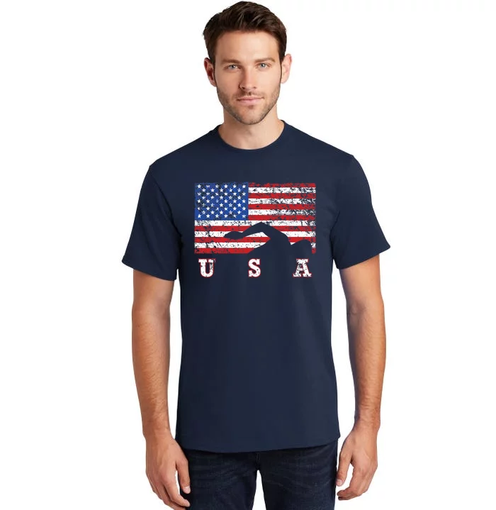 American Flag Swimming USA Gift, Swim Team Tall T-Shirt