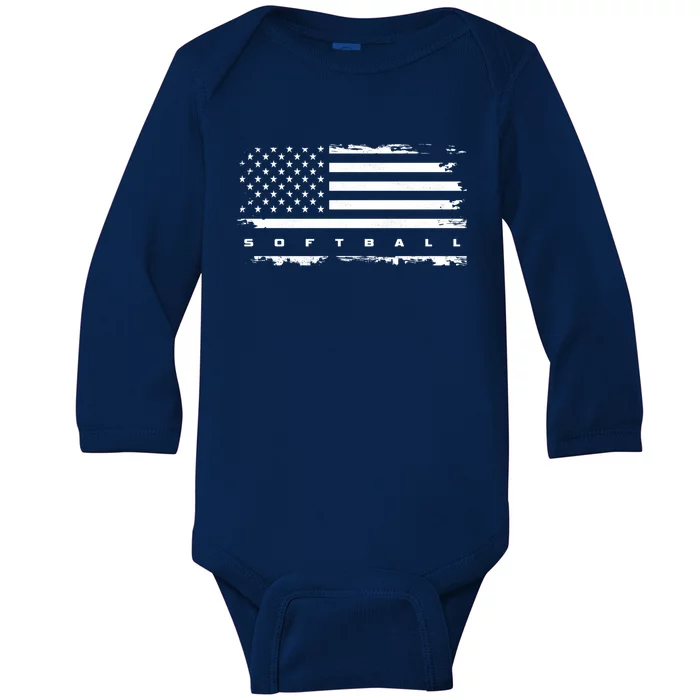 American Flag Softball Gift Softball Funny Gift Baby Long Sleeve Bodysuit