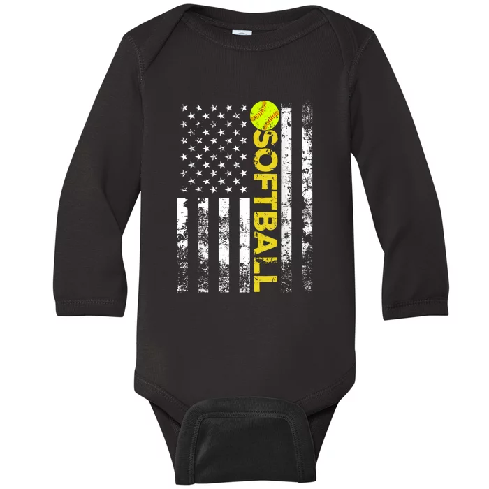 American Flag Softball Team Gift Baby Long Sleeve Bodysuit