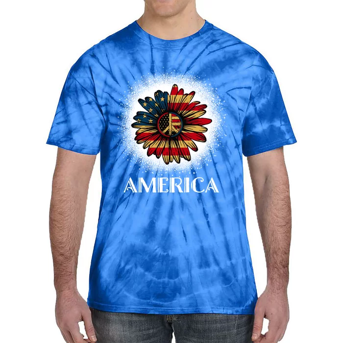 American Flag Sunflower America Patriotic July 4th Bleached Gift Tie-Dye T-Shirt