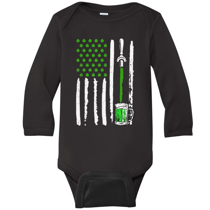 American Flag St Patrick's Day Shamrock Drinking Beer Irish Baby Long Sleeve Bodysuit