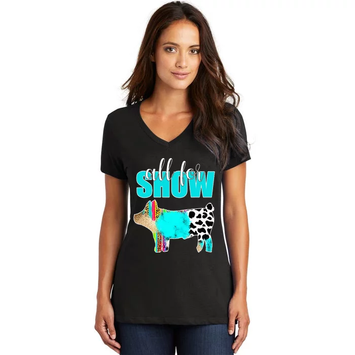 All For Show Livestock Pig Swine Cow Print Serape Turquoise Women's V-Neck T-Shirt