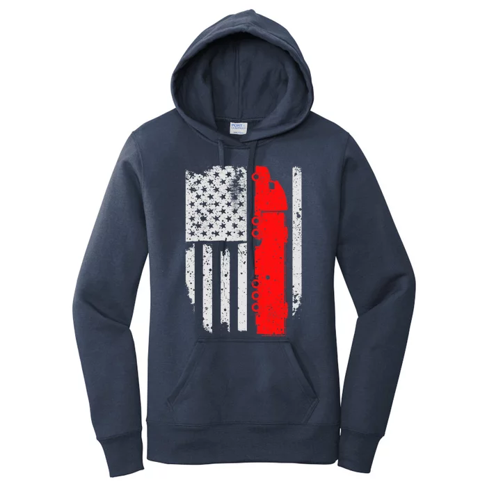 American Flag Semi Truck Driver Patriotic 18 Wheeler Trucker Women's Pullover Hoodie