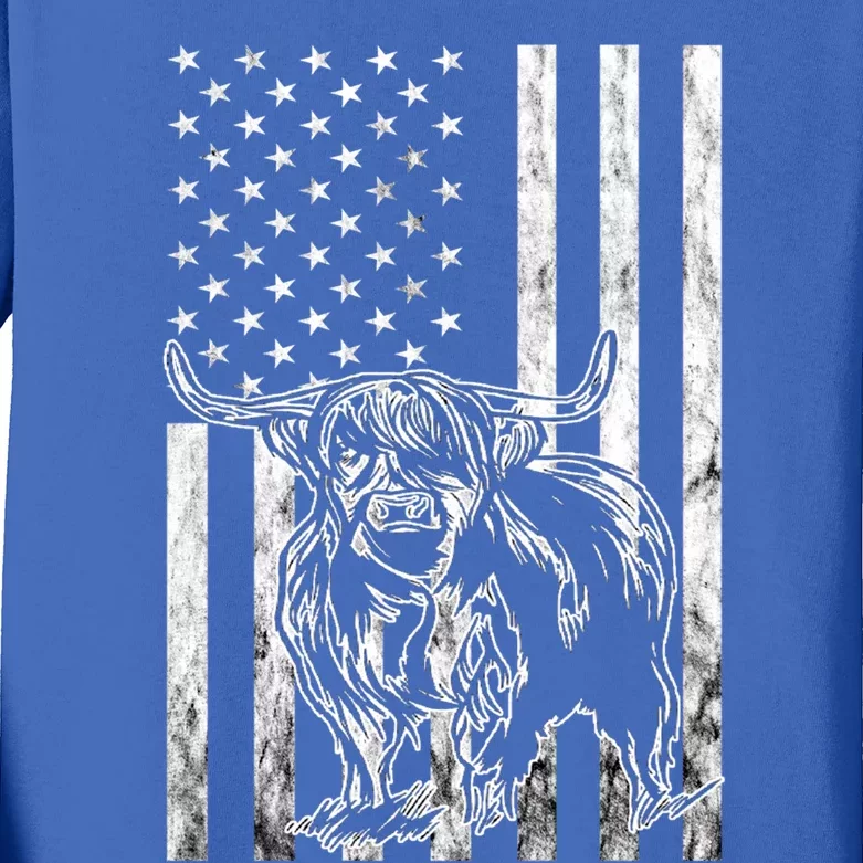 American Flag Scottish Cow Lover Scottish Highland Cow Gift Kids Long Sleeve Shirt