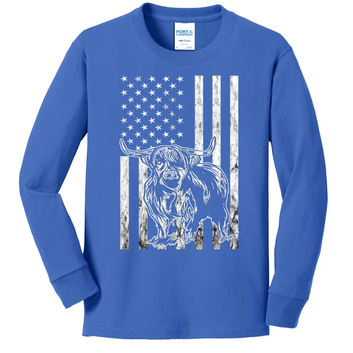 American Flag Scottish Cow Lover Scottish Highland Cow Gift Kids Long Sleeve Shirt