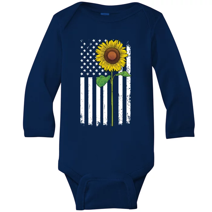 American Flag Sunflower 4th Of July Merica America Usa Flag Cool Gift Baby Long Sleeve Bodysuit