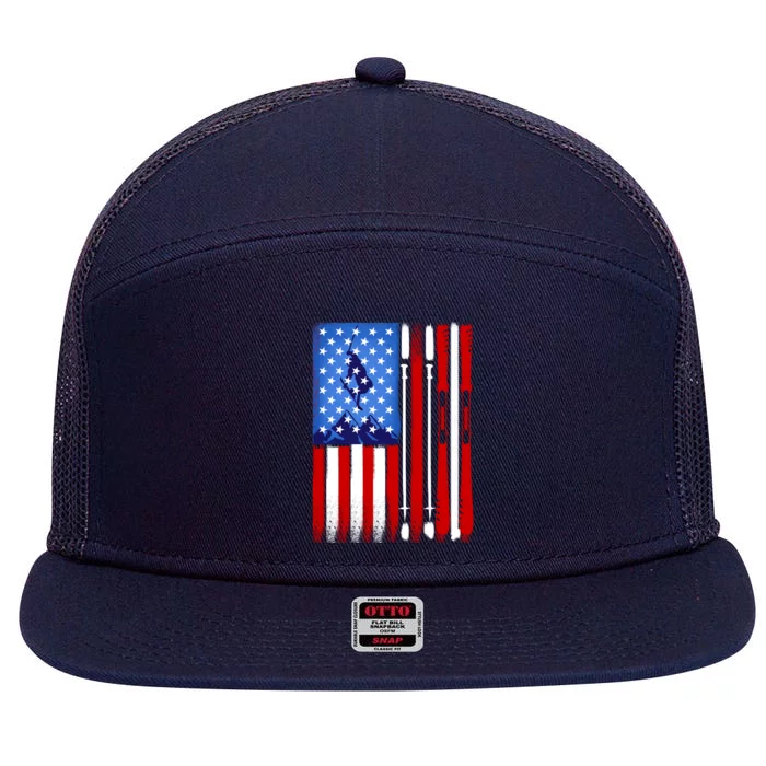 American Flag Skiing Gift 7 Panel Mesh Trucker Snapback Hat