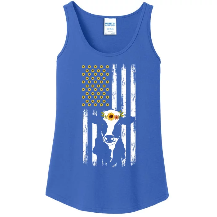 American Flag Sunflower Cow Lovers Patriotic Cows Farmer Cool Gift Ladies Essential Tank