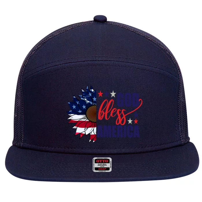 American Flag Sunflower God Bless America Gift 7 Panel Mesh Trucker Snapback Hat