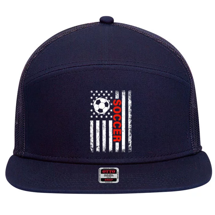 American Flag Soccer Player USA Patriotic Vintage Soccer 7 Panel Mesh Trucker Snapback Hat