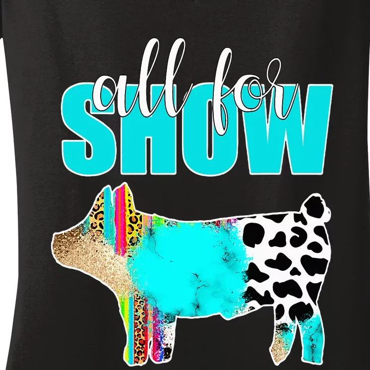 All For Show Livestock Pig Swine Cow Print Serape Turquoise Women's V-Neck T-Shirt