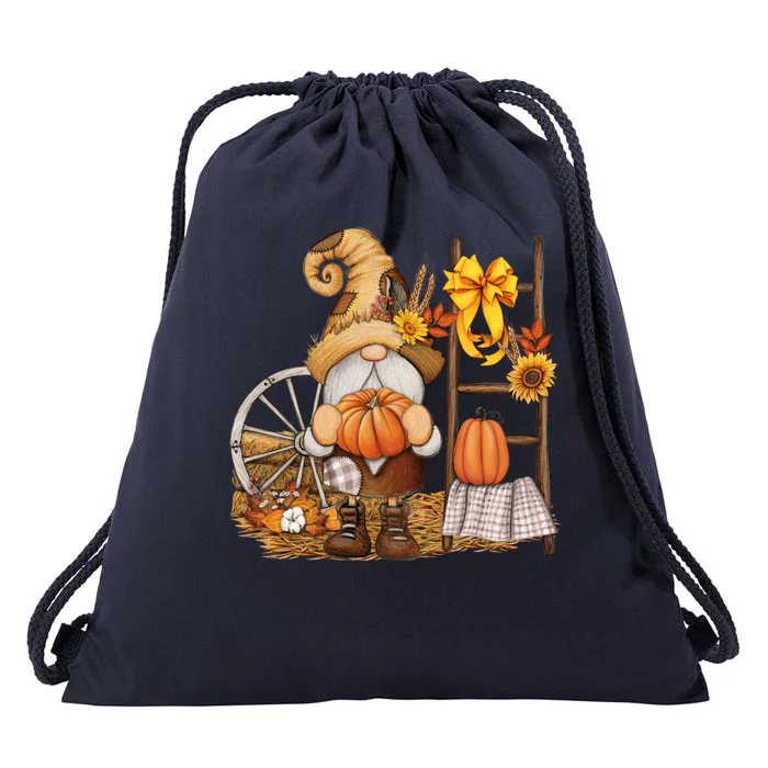 Autumn Fall Season Gnome Pumpkin Floral Drawstring Bag