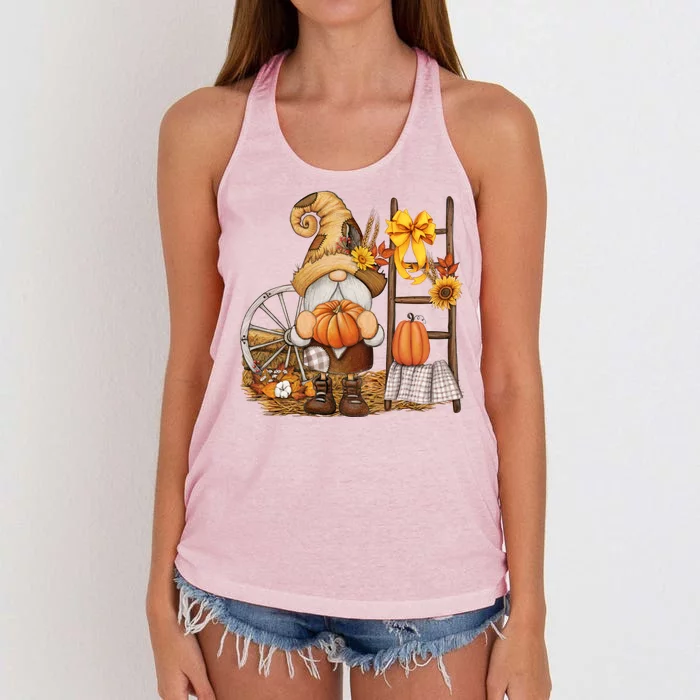 Autumn Fall Season Gnome Pumpkin Floral Women's Knotted Racerback Tank