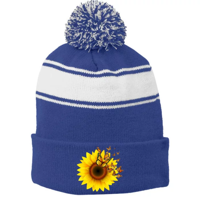 Autumn Fall Sunflower Butterflies Stripe Pom Pom Beanie