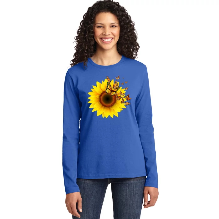 Autumn Fall Sunflower Butterflies Ladies Long Sleeve Shirt