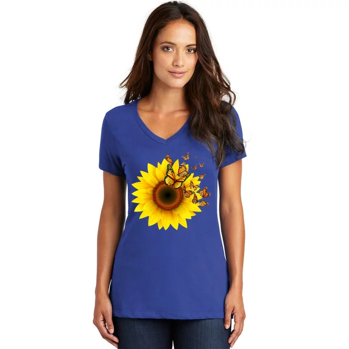 Autumn Fall Sunflower Butterflies Women's V-Neck T-Shirt