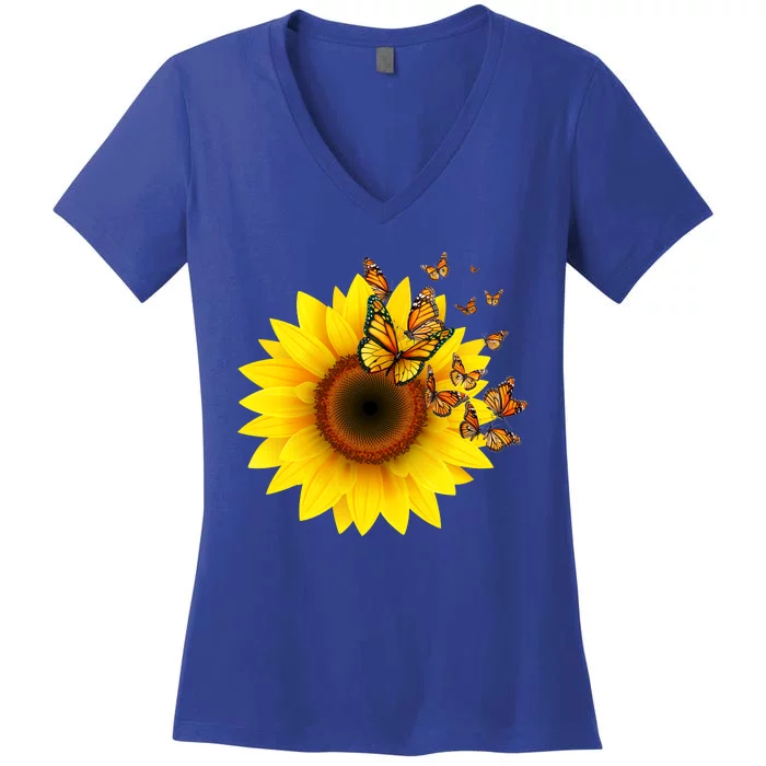 Autumn Fall Sunflower Butterflies Women's V-Neck T-Shirt