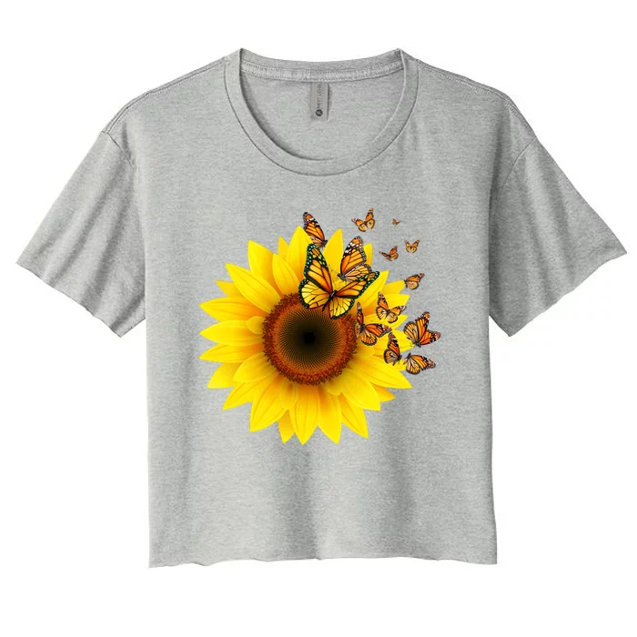 Autumn Fall Sunflower Butterflies Women's Crop Top Tee