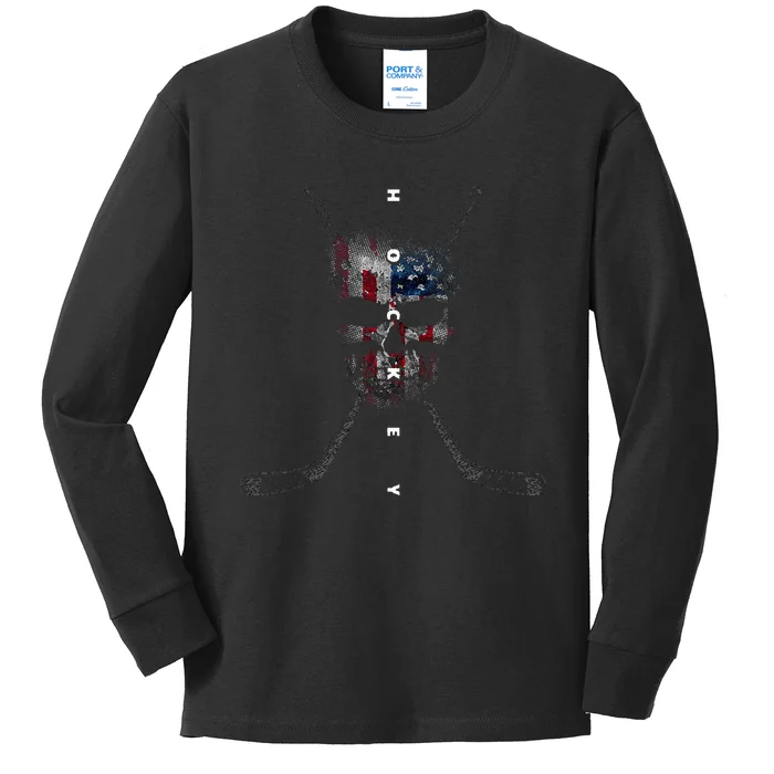 American Flag Skull Hockey Apparel Hockey Kids Long Sleeve Shirt