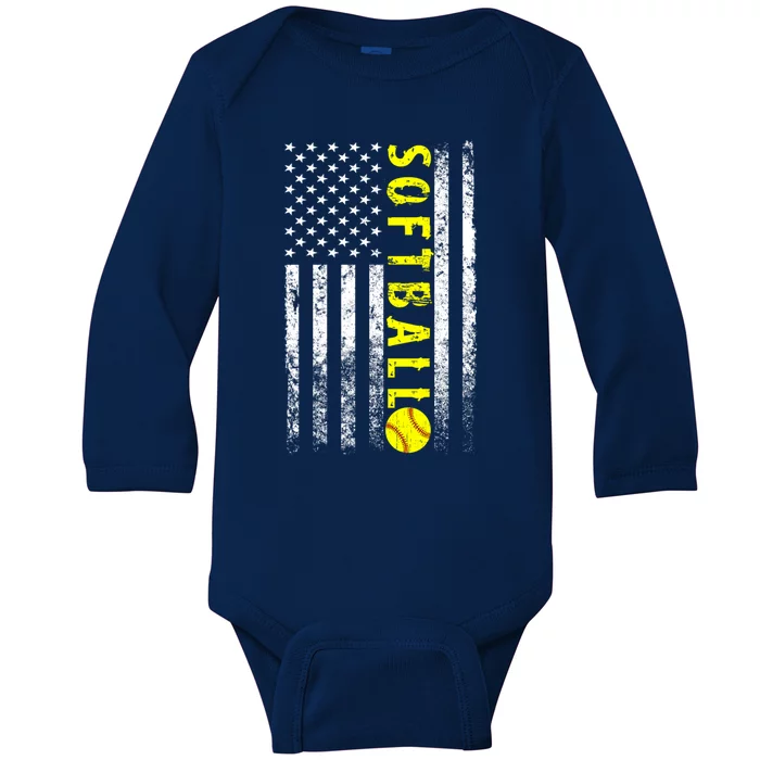 American Flag Softball Funny Gift Vintage Softball Gift Gift Baby Long Sleeve Bodysuit