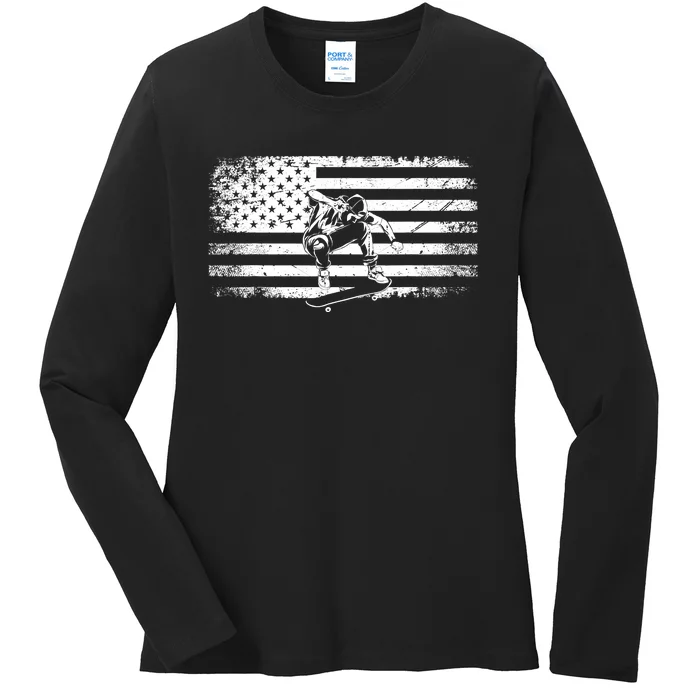 American Flag Skateboard - Skateboarder Skateboard Ladies Long Sleeve Shirt