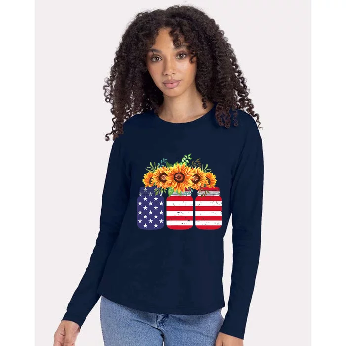 American Flag Sunflower 4th Of July Independence USA Day Womens Cotton Relaxed Long Sleeve T-Shirt