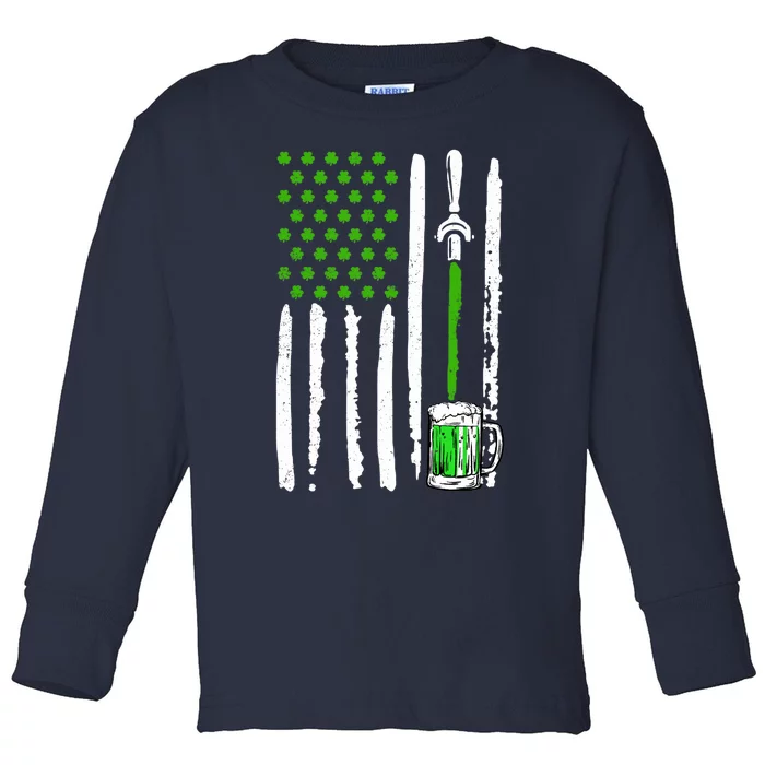 American Flag St Patrick's Day Shamrock Drinking Beer Irish Toddler Long Sleeve Shirt