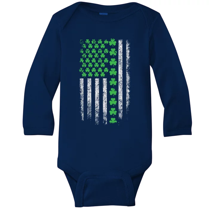 American Flag St Patricks Day Vintage Shamrock Gift Baby Long Sleeve Bodysuit