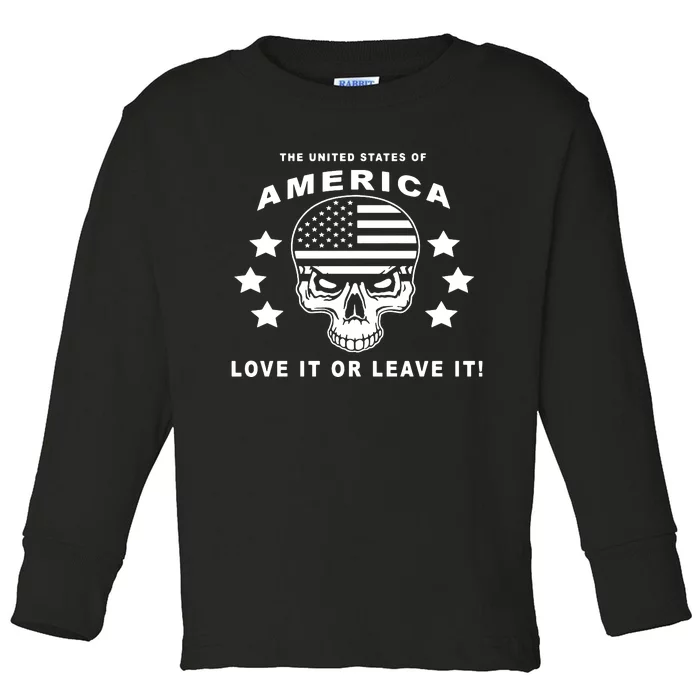 American Flag Skull Love It Or Leave Usa Toddler Long Sleeve Shirt