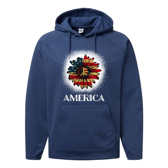 American Flag Sunflower America Patriotic July 4th Bleached Gift Performance Fleece Hoodie