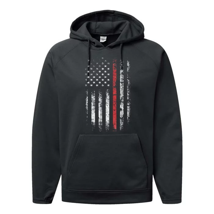 American Flag Thin Red Line Firefighter Support Patriotic Performance Fleece Hoodie