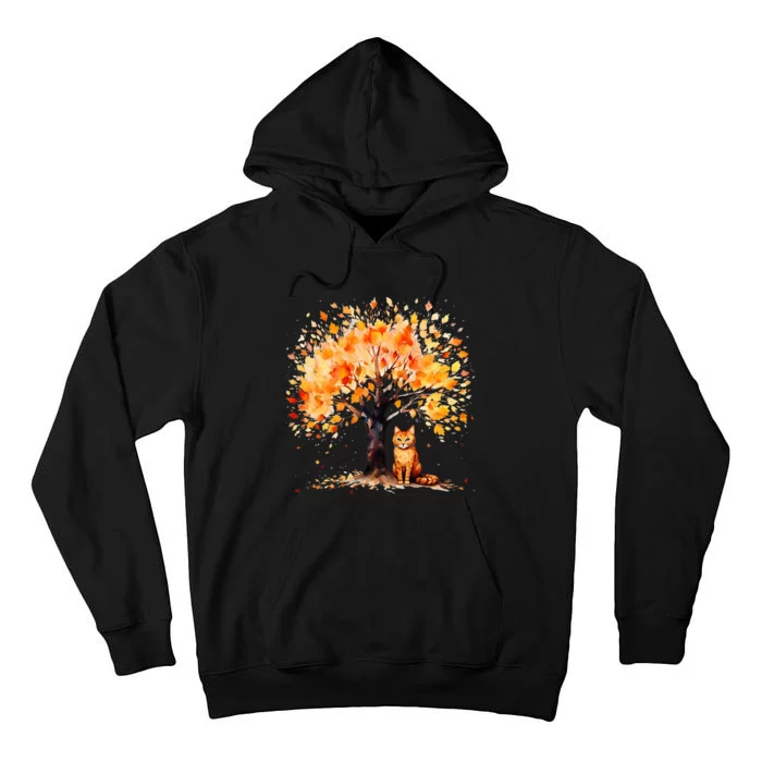 Artistic Fall Tree with Orange Tabby Cat Watercolor Tall Hoodie