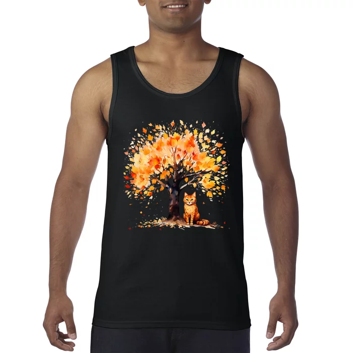 Artistic Fall Tree with Orange Tabby Cat Watercolor Tank Top